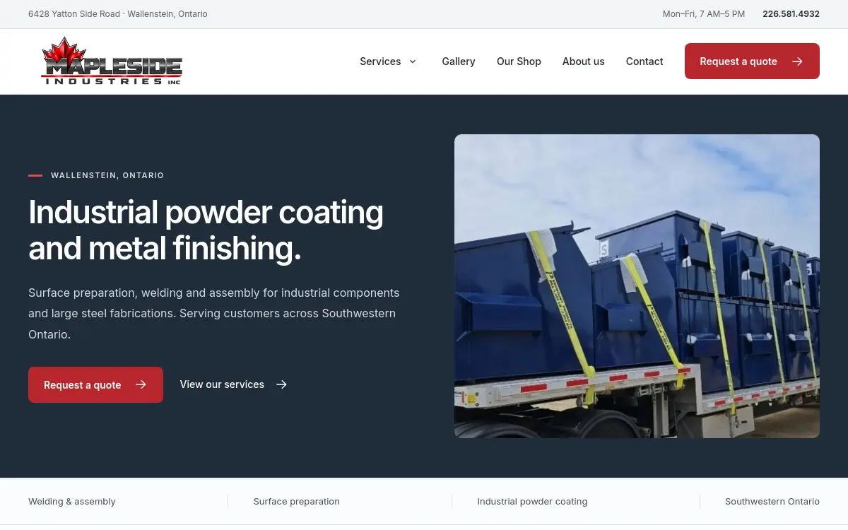 Mapleside Industries homepage showcasing industrial powder coating and metal finishing