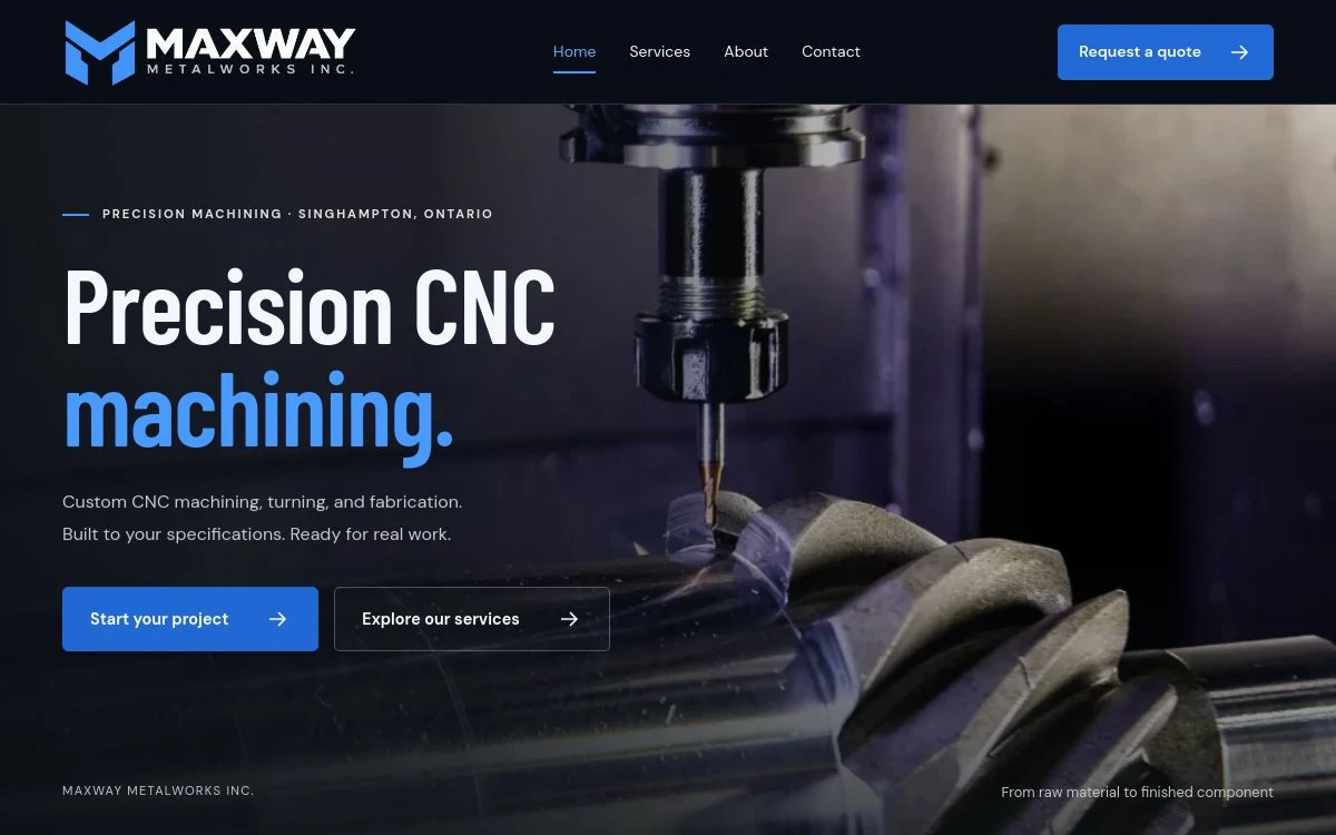 Maxway Metalworks homepage with a dark background, blue accents and precision CNC machining imagery